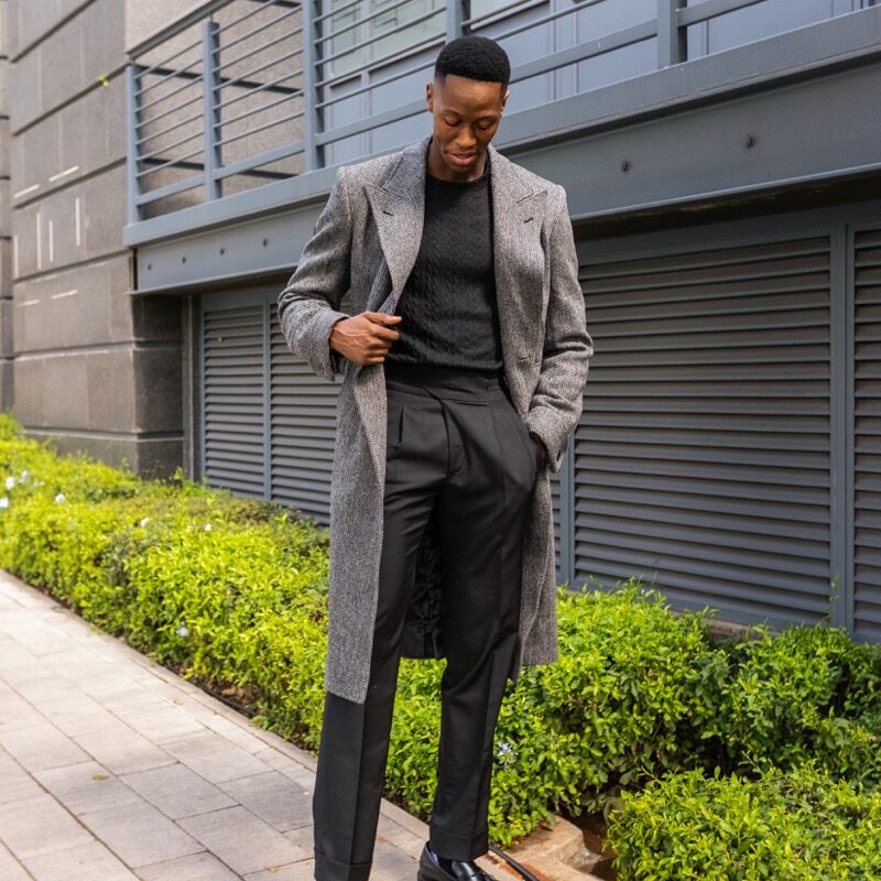 Grey Herringbone Wool Polo Coat