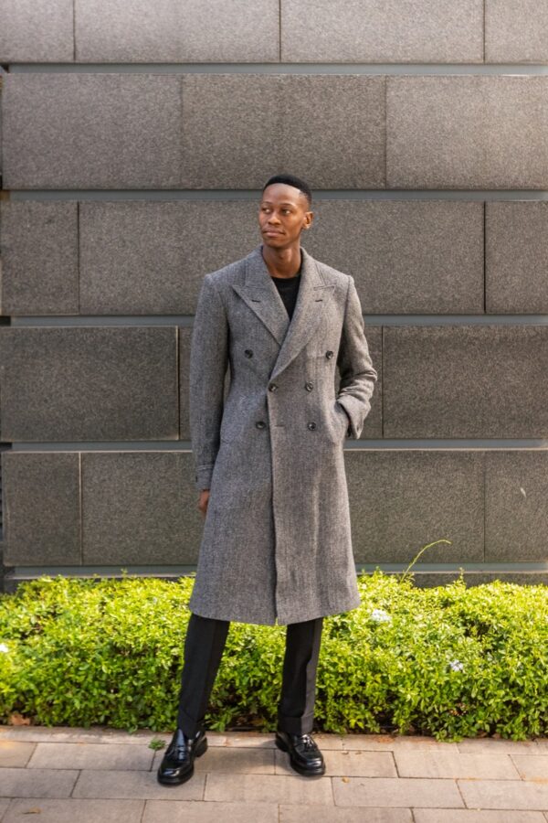 Grey Herringbone Wool Polo Coat - Image 11