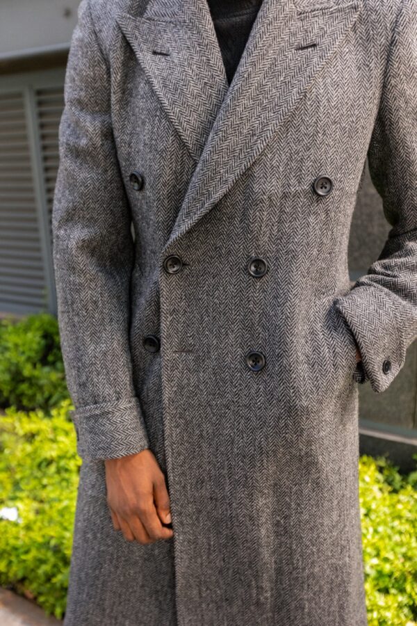 Grey Herringbone Wool Polo Coat - Image 8