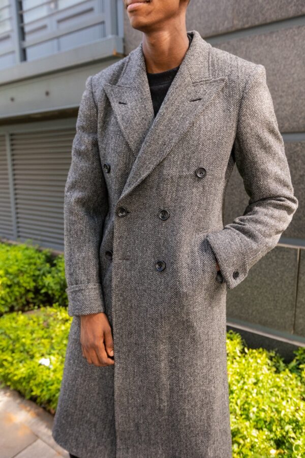 Grey Herringbone Wool Polo Coat - Image 7