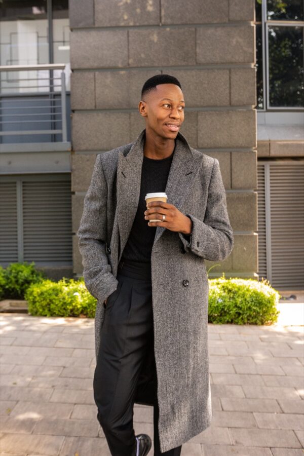Grey Herringbone Wool Polo Coat - Image 3