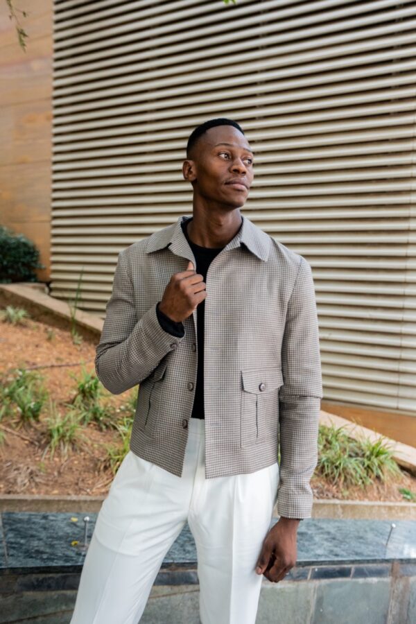 Taupe Houndstooth Wool Travel Jacket