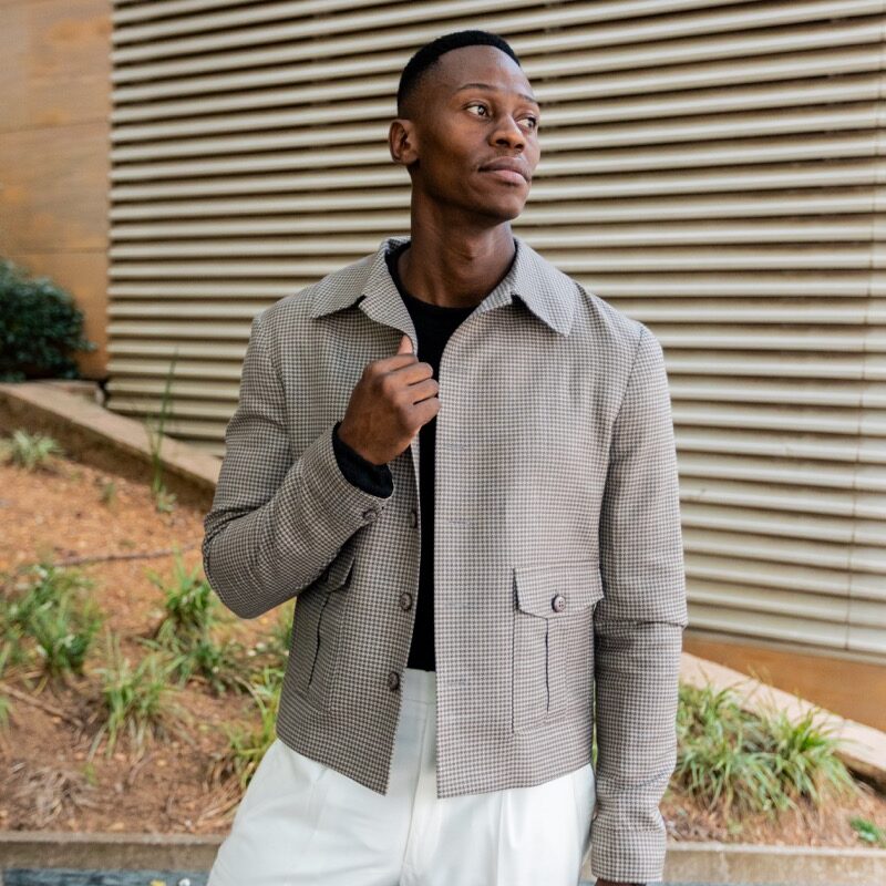 Taupe Houndstooth Wool Travel Jacket